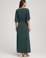 Darkest Spruce Belted Flutter-Sleeve Maxi Dress