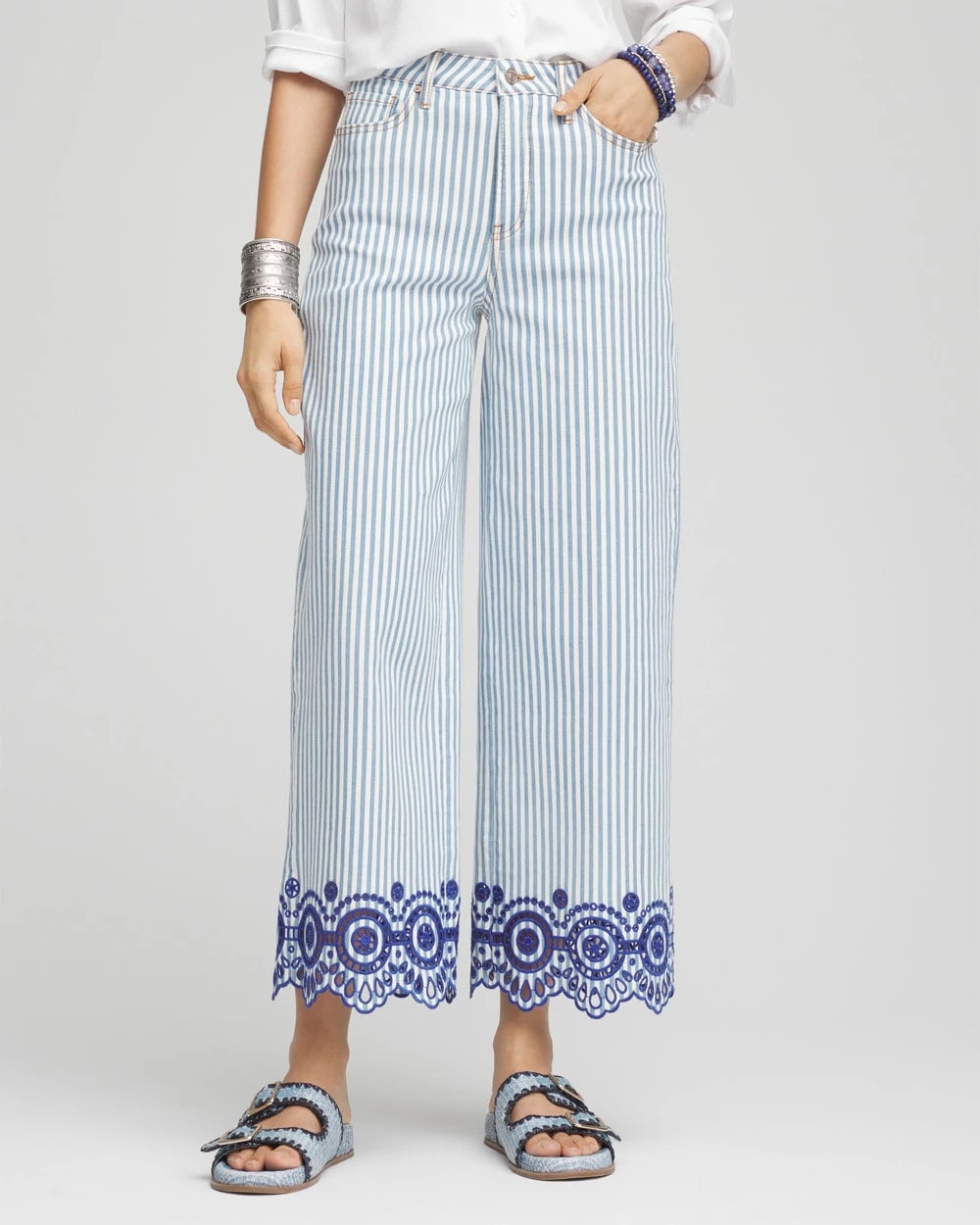 Blue Eyelet High-Rise Wide Cropped Jeans