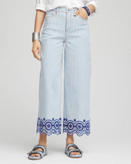 Blue Eyelet High-Rise Wide Cropped Jeans