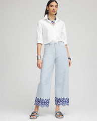 Blue Eyelet High-Rise Wide Cropped Jeans