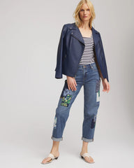 Whimsical Indigo Boyfriend Patchwork Cropped Jeans