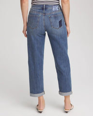 Whimsical Indigo Boyfriend Patchwork Cropped Jeans