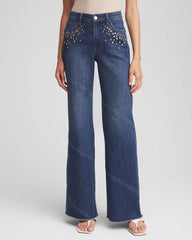 Irvina Indigo Embellished Frayed Flared-Leg Jeans