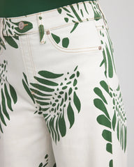 Ecru Palm-Frond-Motif Pull-On Wide-Leg Cropped Jeans