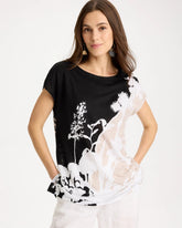 Black Linen Floral Seamed Tunic
