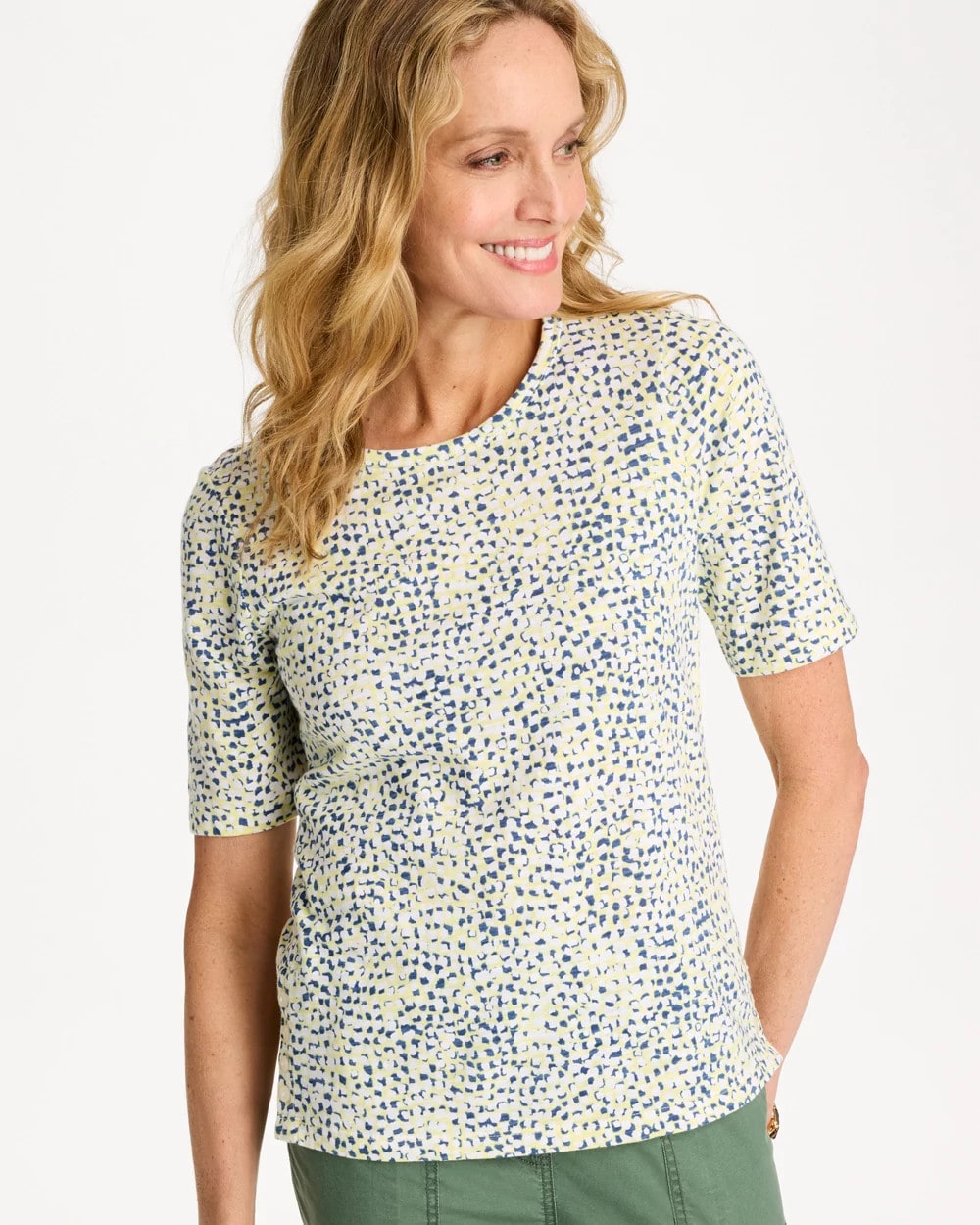 Sage Lime Printed Cotton Slub Elbow-Sleeve Tee