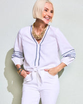 Alabaster Cotton Gauze Embroidered Tie-Front Blouse