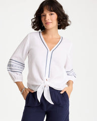 Alabaster Cotton Gauze Embroidered Tie-Front Blouse