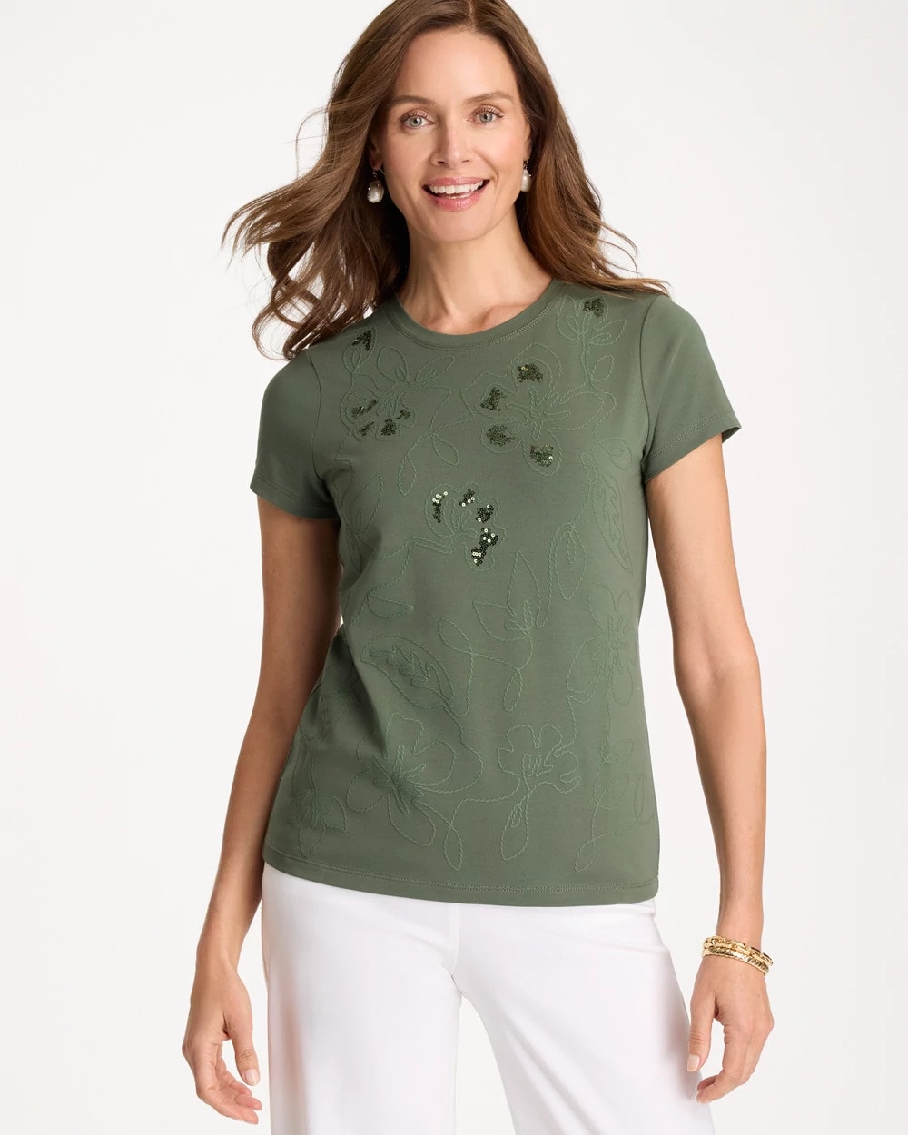 Kelp Forest Embellished Cotton Stretch Cap-Sleeve Tee