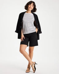 Black Striped Cotton Stretch Cap-Sleeve Tee