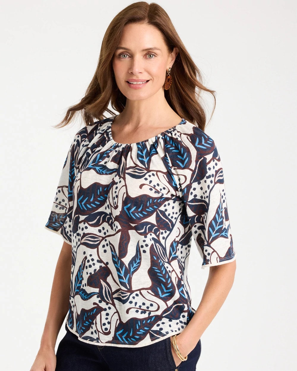 Passport Blue Printed Linen Fringed Tee