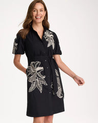 Black Embroidered Poplin Cotton Belted Dress