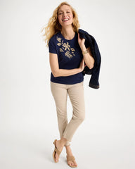 Passport Blue Cotton Stretch Cap Sleeve Embroidered Tee