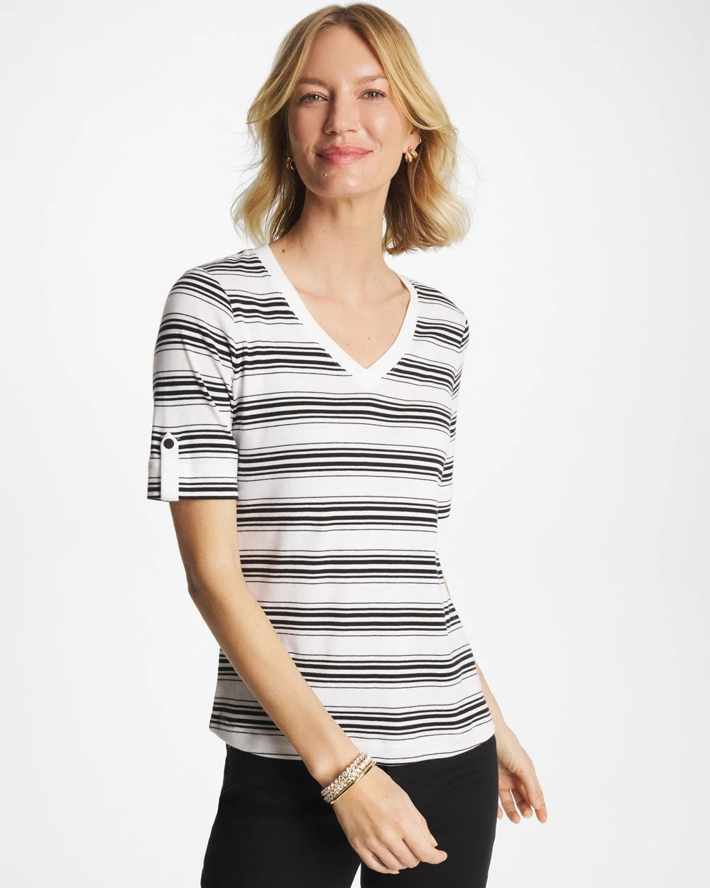 Black Pima V-Neck Tab Sleeve Tee