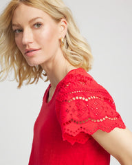 Red Glow Linen Embroidered Lace Tee