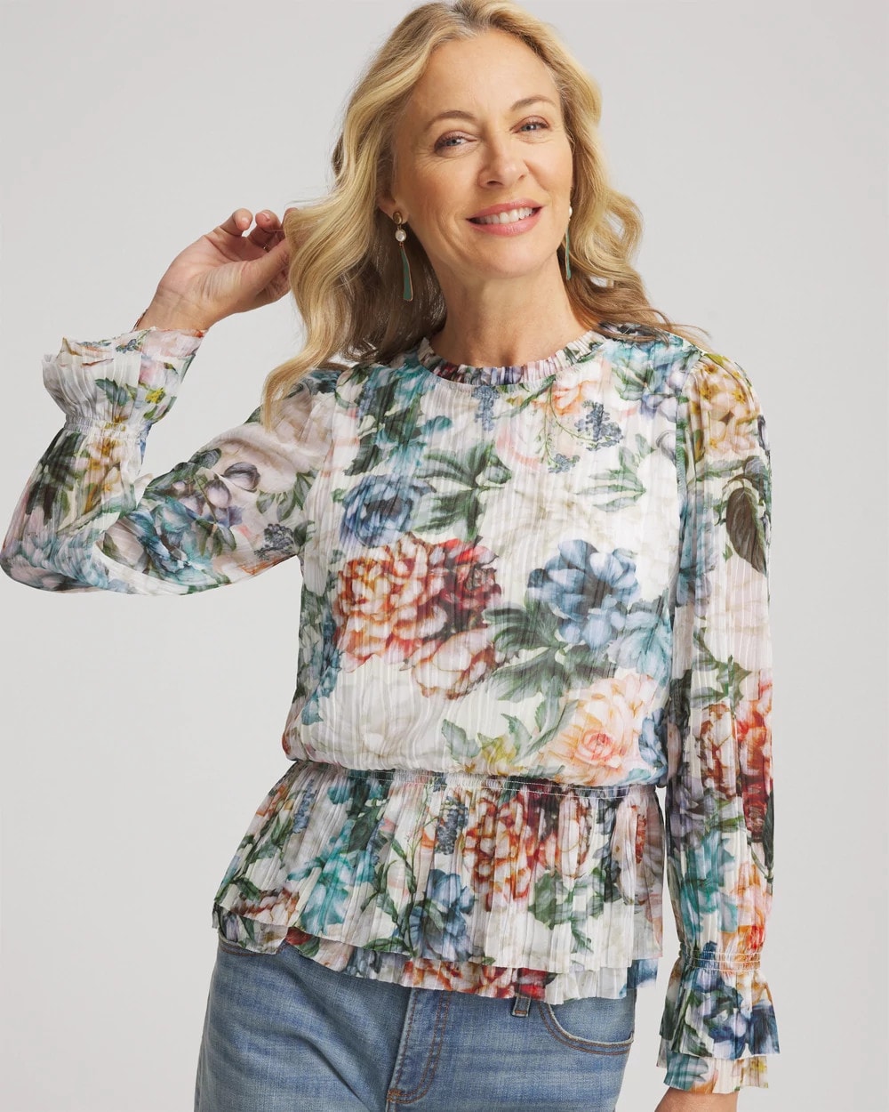 Ecru Rose Print Crinkle Top