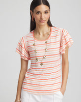 Melon Mambo Striped Linen Smocked Flutter-Sleeved Tee
