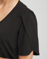 Black Petal-Sleeve Voop Neck Tee