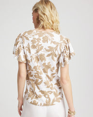 Cafe Aroma Linen Leaf Print Flutter Sleeve Tee