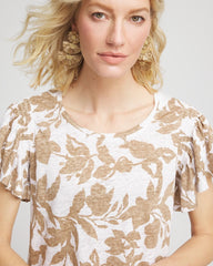 Cafe Aroma Linen Leaf Print Flutter Sleeve Tee