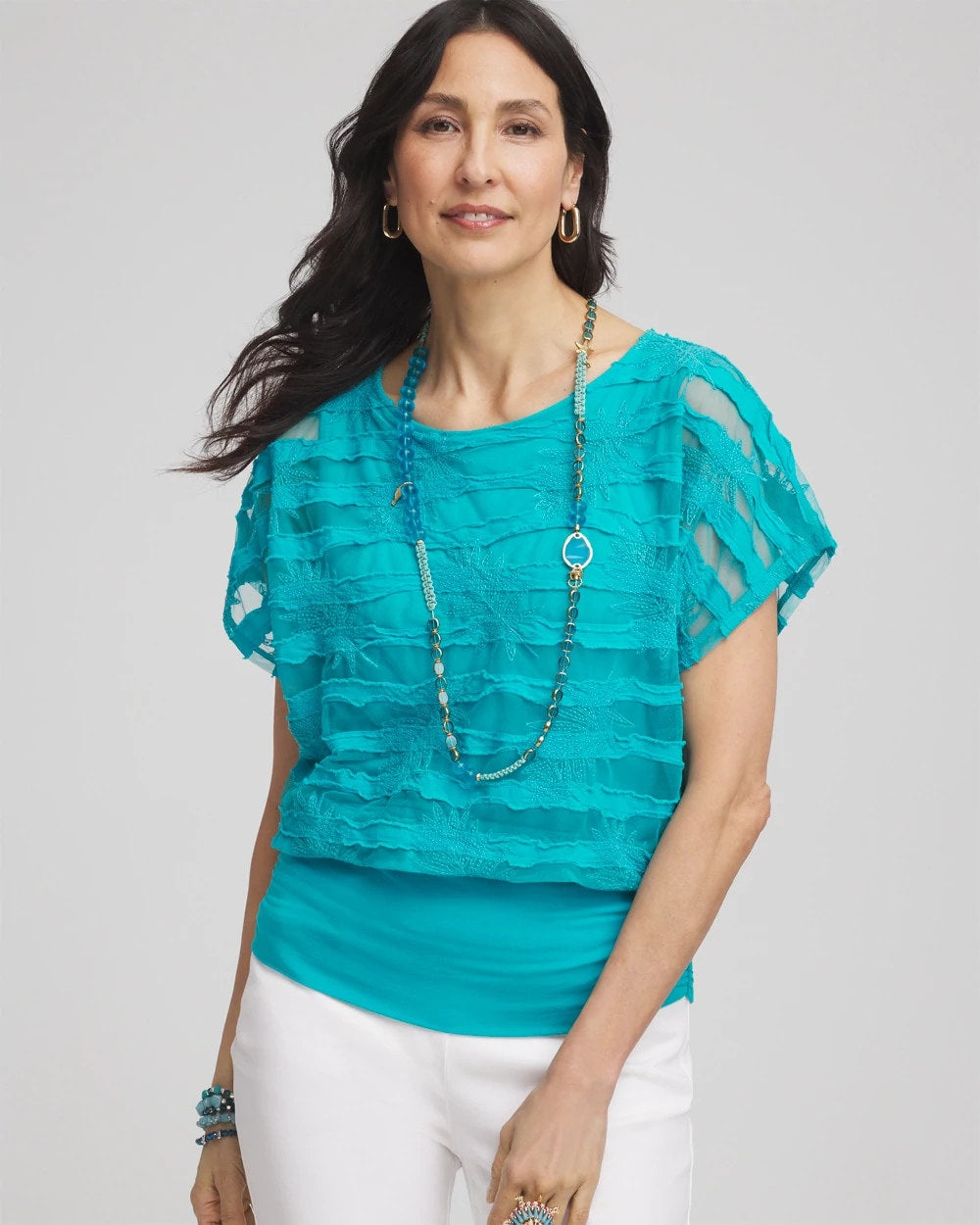 Seaspray Embroidered Striped Banded Bottom Top