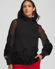 Black Sheer Mesh Velvet Appliqué Top