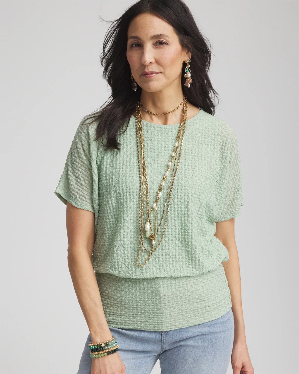 Moroccan Mint Jacquard Banded Hem Top