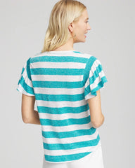 Seaspray Linen Metallic Striped Flutter-Sleeve Tee