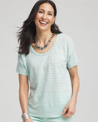 Teal Waters Striped Sweater-Trim Linen Tee