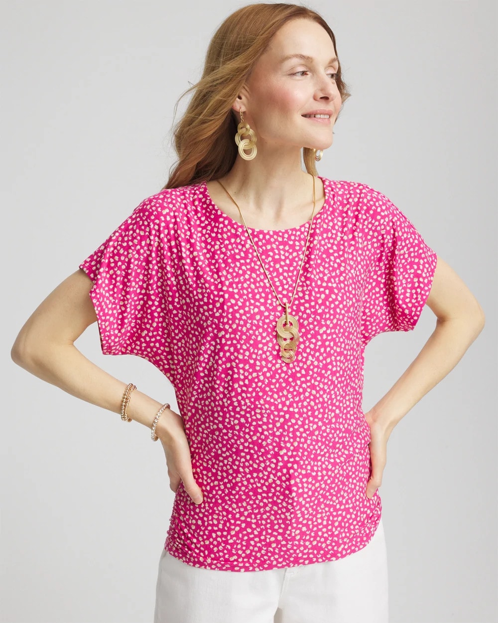 Crushed Berries Touch of Cool™ Cheetah Ruched Banded Hem Top