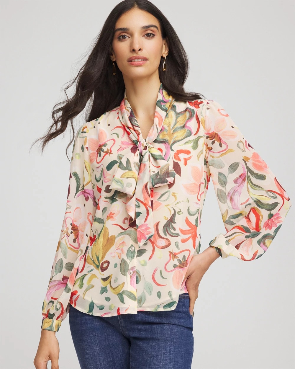 Cashew Floral Jacquard Tie-Front Blouse