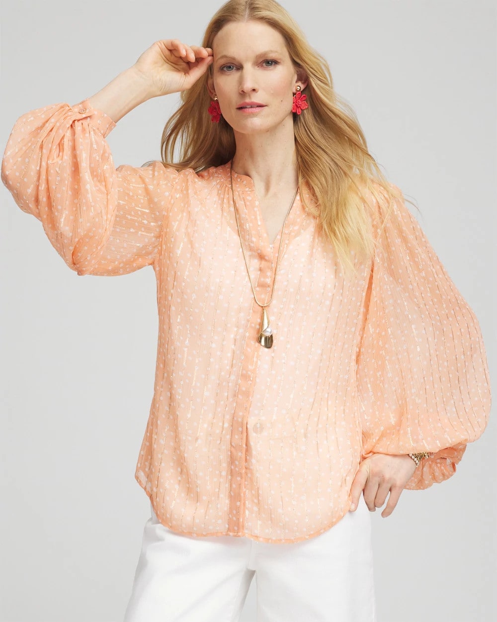 Coral Blossom Metallic Jacquard Blouse