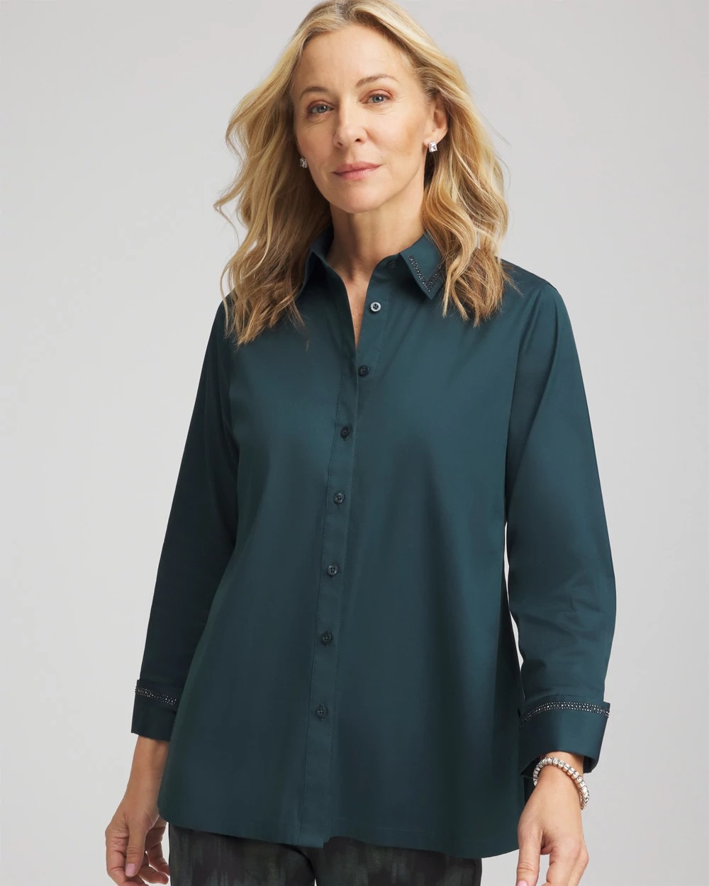 Teal Shadow Rhinestone Embellished Poplin Tunic