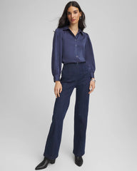 Indigo Sky Puff Sleeve Satin Blouse