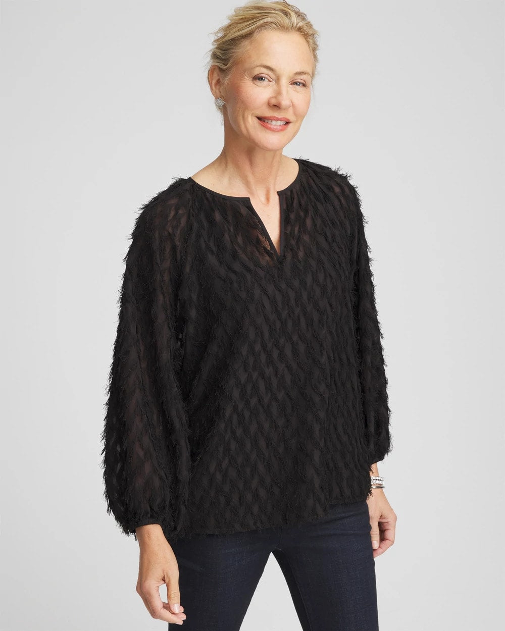 Black Feathered Pullover Peasant Blouse