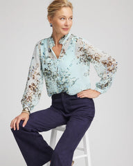 Blue Menthe Floral Georgette Peasant Blouse