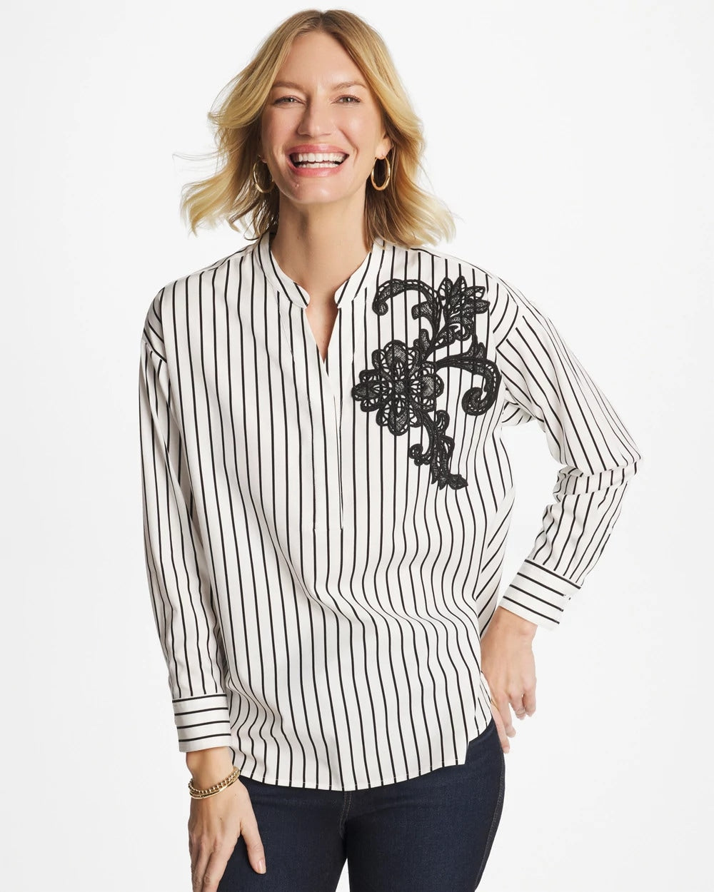 Black Striped Poplin Applique Tunic
