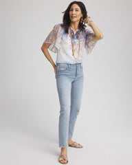 Blue Pearl Jacquard Flutter-Sleeve Blouse