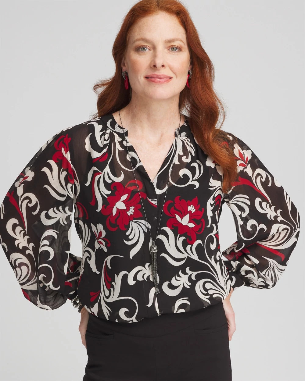 Black Crinkle Chiffon Floral Blouse