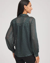 Darkest Spruce Clip-Dot Billow-Sleeve Blouse