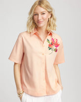 Sunset Peach No Iron™ Embroidered Floral Short-Sleeve Shirt