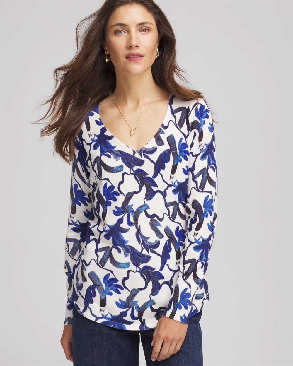 Ecru Ella V-Neck Blue-Petals Pullover Sweater