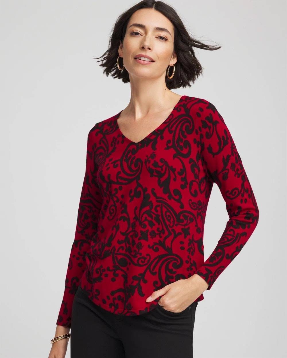 Carmine Red Ella Printed V-Neck Sweater