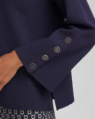 Passport Blue Button Sleeve Crewneck Pullover