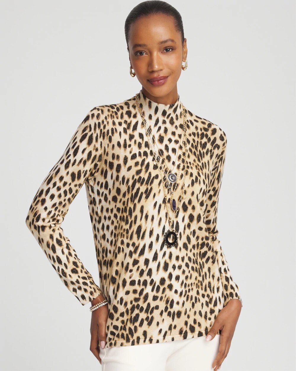 English Cream Ella Mockneck Animal-Print Pullover Sweater