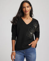 Black Floral Embellished Dolman V-Neck Pullover