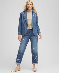Kiruna Indigo Pearl Brooch Denim Blazer