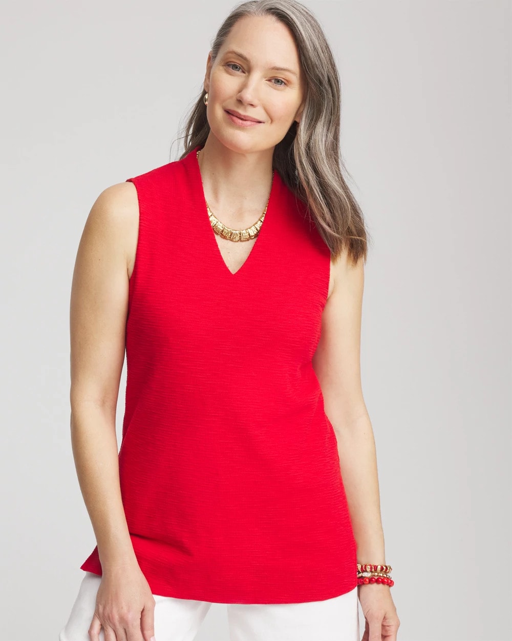 Red Glow Textured Sleeveless V-Neck Tunic