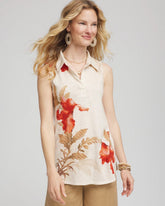 Glistening Sand Floral Slub Sleeveless Collared Tunic