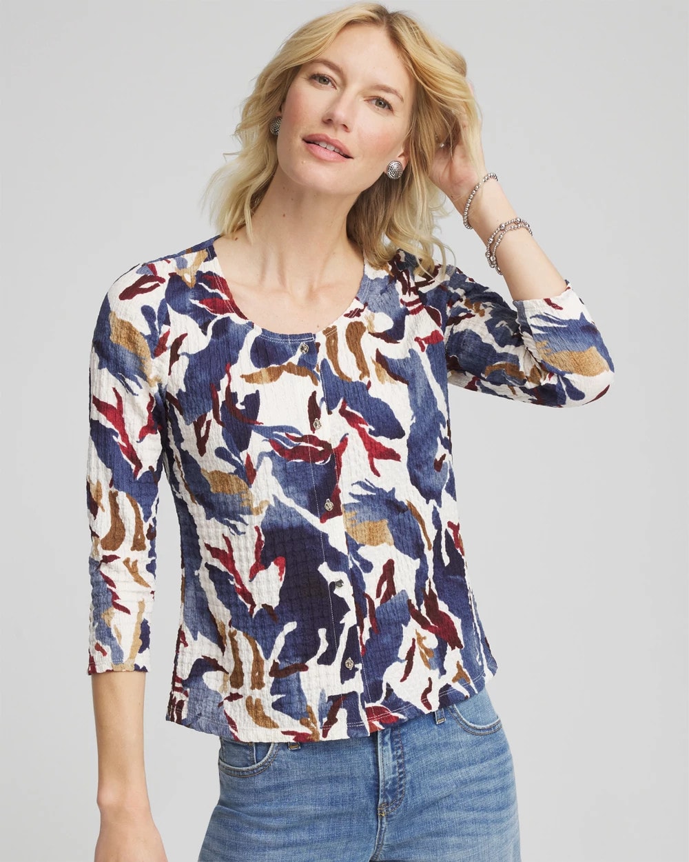 Ecru Printed Textured Scoopneck Cardigan
